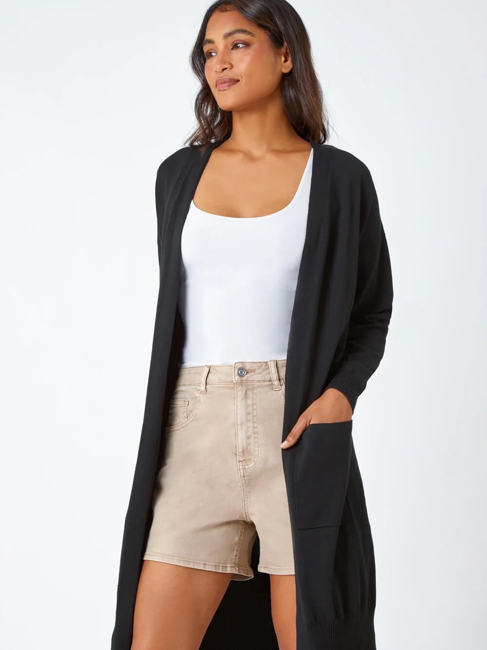 Babaton Black Open-Front Long Knit Cardigan Sweater
